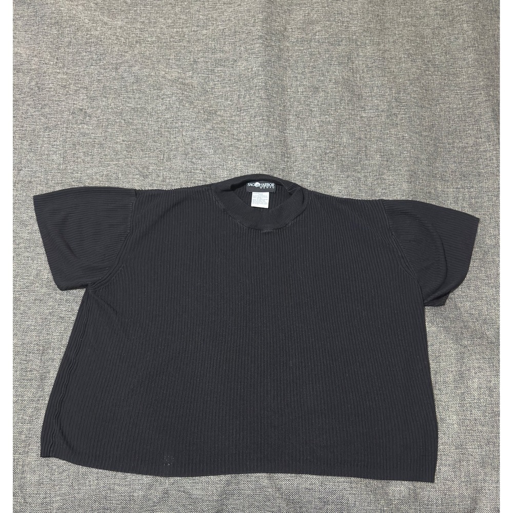 Sag Harbor Woman Womens 2X Short Sleeve Top Black Ribbed Mock Neck S94350